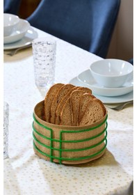 Resim Yeşil Paslanmaz Yuvarlak Ekmek Sepeti Jüt Kumaş, Lüks Sunum Sepeti - Çok Amaçlı Metal Yeşil 