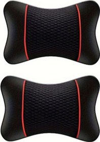 Resim Chuangyinshop 2'li Paket Universal Araç Başlık Yastığı Siyah Kırmızı Suni Deri Örgü Boyun Destek Minderi 
