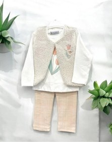 Resim Kız Bebek Peluş Yelekli 3 Lü Pantolonlu Takım-15067 Krem 