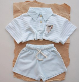 Resim Mavi Çizgili Koala Nakışlı Polo Yaka Şortlu Takım Mavi 