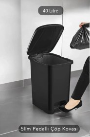 Resim Omnipazar Srl-3030 Slim Pedallı Plastik Çöp Kovası İç Kovalı 40 Lt Siyah Siyah 