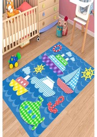 Resim Dijital Baskılı Mavi Gemi Çapa Desen Dekoratif Yıkanabilir Kaymaz Taban Çocuk Halısı Çok Renkli 