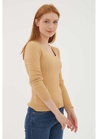 Resim Fashion Friends Kadın Kare Yaka Saç Örgülü Kazak 23k0405k1 Camel 