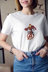 Resim Kio Tasarım Kadın Beyaz Marvel Karakteri Iron Man Tony Stark Avengers Baskılı Tişört 