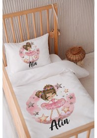 Resim %100 Pamuk Saten Isme Özel Isimli 100x150 Bebek Yatak Nevresim Seti Balerin Ve Yıldızlar 