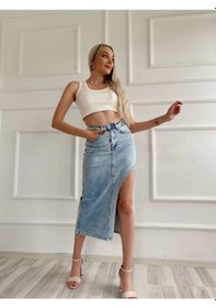 Resim Kadın Taşlı Yırtmaç Detaylı Kot Etek Mavi Buz Mavisi 