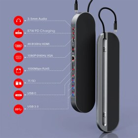 Resim Macbook Uyumlu Type-C™ To Jak Audio Port 3xusb 3.0 Ethernet Sd Tf 4K Ultra Hd HDMI VGA Pd 11IN1 Çevirici Hub Adaptör 