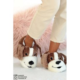 Resim Kocamanlar Ayakkabı Kocamanlar Sevimli Köpek Figürlü Unisex Panduf Kahverengi Renkli Hayvan Desenli Yumuşak Materyal 