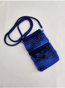 Resim Saks Mavi, Pullu, Handmade, Kadın Telefon Çantası Saks 