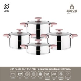 Resim Amboss 8 Parça Enio Rose Gold Paslanmaz Çelik Isınmayan Bakalit Saplı Tencere Seti 