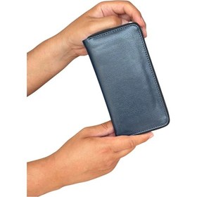Resim Premium Serisi Lüks Deri Dikey Fermuarlı Telefon Bölmeli Cüzdan Kemer Kartlık Ve Bileklik Erkek Seti Lacivert 