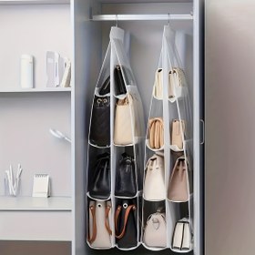 Resim Çok Katmanlı Asılı Çanta Düzenleyici, Yer Tasarruflu Gardırop Depolama, Toz Geçirmez El Çantası Klipsi, Kadın Moda Aksesuarları için Pratik Asma Tasarımı, Beyaz Seçenekli 6/8 Bölmeli, Gardırop Depolamaya Uygun, Oyuncak Saklama, Ev Depolaması 
