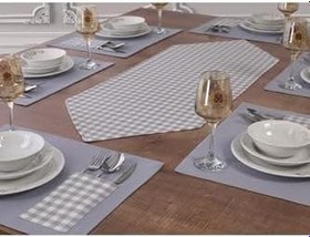 Resim Tropik Home Amerikan Servis Supla Ve Runner Seti 12 Kişilik Set Gri Ekose Desen Salon Ve Masa Sunum Takımı 