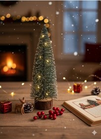 Resim Işıklı Yılbaşı Çam Ağacı Masaüstü Ahşap Kütük Üstüne Karlı Ağaç 27cm Diğer 