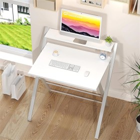 Resim Ayz Bodo Metal Ayaklı Laptop Masası Katlanır Çalışma Masası Raflı Masa Katlanır Laptop Sehpası Beyaz - Beyaz 
