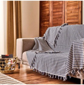 Resim Soft Dama Koltuk Örtüsü - Ekru / Lacivert - 180x200 Cm Çok Renkli 