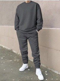 Resim Erkek Düz Eşofman Takımı Sweatshirt Jogger - Antrasit Oversize Şardonlu Bisiklet Yaka Antrasit 