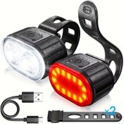 Resim 1 adet Bisiklet Ön ve Arka Işık Seti, USB Şarj Edilebilir LED Bisiklet Işığı, Çok Fonksiyonlu Bisiklet Farları ve Arka Işık, Bisiklet Işık Aksesuarları, Taşınabilir Sel Işığı Gece Sürüşü El Feneri, Kolay Kurulum 