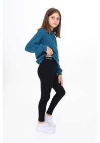 Resim Toontoy Kids Toontoy Kız Çocuk 2'li Takım Baskılı Kapüşonlu Düşük Omuz Sweatshirt & Basic Düz Tayt Petrol Mavi 