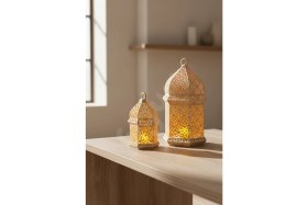 Resim Özbience Islami Motifli Ramazan Feneri, Işıklı Mumluk ve Masa Üzeri Dekorasyonu 