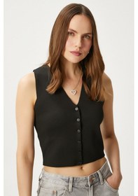 Resim Ritnice Kadın Petite Çıtçıtlı Crop Siyah Triko Yelek Siyah 