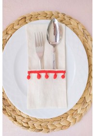 Resim 6 Adet Keten Kırmızı Ponponlu Kaşıklık Servis Sunum Kırmızı - Krem 