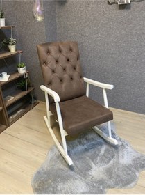 Resim Asedia Trend Lake Kahve Kapitoneli Ahşap Sallanan Sandalye Dinlenme Koltuğu 