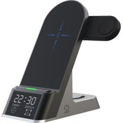 Resim Butu H35 6'sı 1 Arada Manyetik Kablosuz Şarj İstasyonu Abs + Temperli Cam 15w Hızlı Şarj Standı, Telefon / Saat / Kulaklık İçin Çalar Saatli 