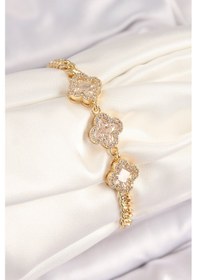 Resim Pirinç Zirkon Taşlı Yonca Model Gold Renk Kadın Bileklik - Tj-bb7545 Açık Mor 