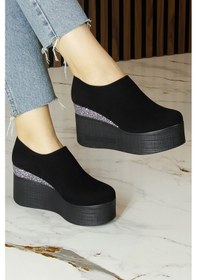 Resim Erkan Saçmacı Lumi Siyah Süet Yuvarlak Burun Taşlı Gizli Dolgu Topuklu Günlük Ayakkabı Siyah - Gümüş 