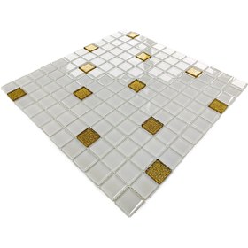 Resim MozaiKristaL Tüm Yüzeyler Için 23x23mm Beyaz-altın Mix. 30x30cm. Fileli Kristal Mozaik. (1M2 FİYATIDIR) 