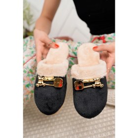 Resim Kışlık Ev Terliği Siyah Peluş Yünlü Kadın Terlik Misafir Çeyiz Bohça Gelin Terliği 