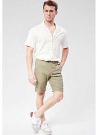 Resim Erkek Beli Lastikli Bağcıklı Pamuk Keten Karışımlı Slim Fit Jogger Şort Haki Haki 