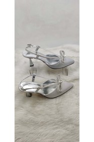 Resim ÇİĞDEM KUNDURA Çiğdem Gümüş Kadeh Ökçe Fiyonklu Topuklu Ayakkabı (YZBŞ S1A) 