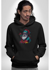 Resim Renkli Noel Baba Yeni Nesil Gözlüklü Kadın Erkek Siyah Kapüşonlu Sweatshirt Hoodie Siyah 