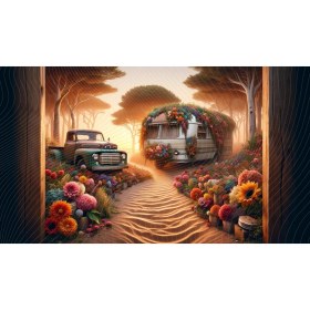 Resim Venspor Nostaljik Karavan ve Kamyon Temalı Çiçeklerle Kaplı Yol Manzaralı Dekoratif Arkaplan 200 x 150 cm Fon Duvar Örtüsü 