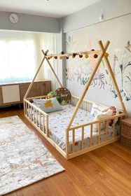 Resim – Montessori Bebek Ve Çocuk Karyolası Unisex Doğal Ahşap Yatak 