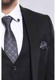 Resim Düz Siyah Slim Fit Yelek Ceket Set Wessi 001 