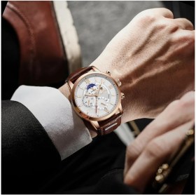 Resim Lıge Deri Kronograf Su Geçirmez Spor Otomatik Tarih Quartz Saat Erkekler Için Relogio Masculino 