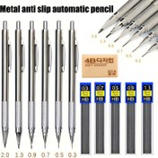 Resim 5 adet/takım Gümüş Mekanik Kurşun Kalemler, 0,3-2,0 mm, Kaymaz, Metal Gövde, Sanat ve Yazma Araçları, 3 Kurşun Yedeği ve Silgi Dahil 