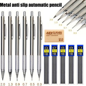 Resim 5 adet/takım Gümüş Mekanik Kurşun Kalemler, 0,3-2,0 mm, Kaymaz, Metal Gövde, Sanat ve Yazma Araçları, 3 Kurşun Yedeği ve Silgi Dahil 