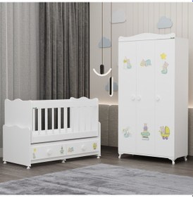 Resim Elegant Beşik Ve Yıldız 3 Kapaklı Dolap - Ayıcık Beyaz 
