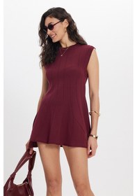 Resim Tudors Kadın Standart Fit Normal Kesim Kolsuz Bisiklet Yaka Bordo Triko Elbise-50697 