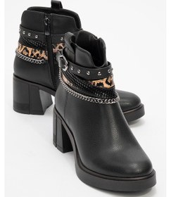 Resim Luvi Shoes Boliva Siyah Kemerli Zincirli Kadın Kalın Topuklu Bot Siyah 