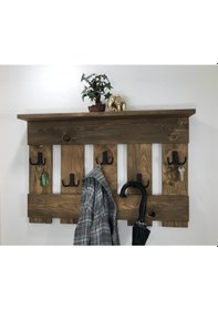 Resim Doğal Ahşap 5 Askılı Vestiyer, Masif Portmanto, Koyu Meşe 