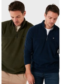 Resim Buratti Slim Fit Anti-Pilling Tüylenme Yapmayan Bato Yaka Şardonlu 2'Li Paket Erkek Polar 5906001S2 Haki-Lacivert 