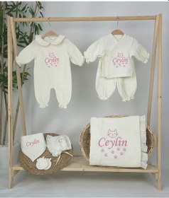 Resim Gros Shop Müslin Yeni Doğan 4katlı Organik %100pamuk Kişiye Özgü Nakışlı Hastane Çıkış Seti Kedi Patisi Ekru-1 