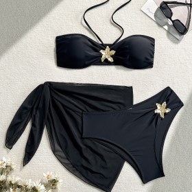 Resim Kadınların Düz Renk Moda Seksi Bikini Üç Parça Mayo Takımı 