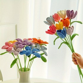 Resim Tığ işi Lale Buketi - Sevgililer Günü, Noel, Cadılar Bayramı, Paskalya veya Babalar Günü için mükemmel - Vazo dahil değildir - Masaüstü dekorasyonu için uygundur - Polyesterden yapılmıştır 