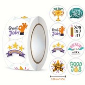 Resim 500 adet / rulo Karikatür Sevimli İyi İş, Başardın Ödül Teşvik Etiketleri, 3.0cm / 1.2 inç Yuvarlak Öğrenme Ödülleri Oyun Hediye Mühür Etiketleri Kendinden Yapışkanlı Etiketler 